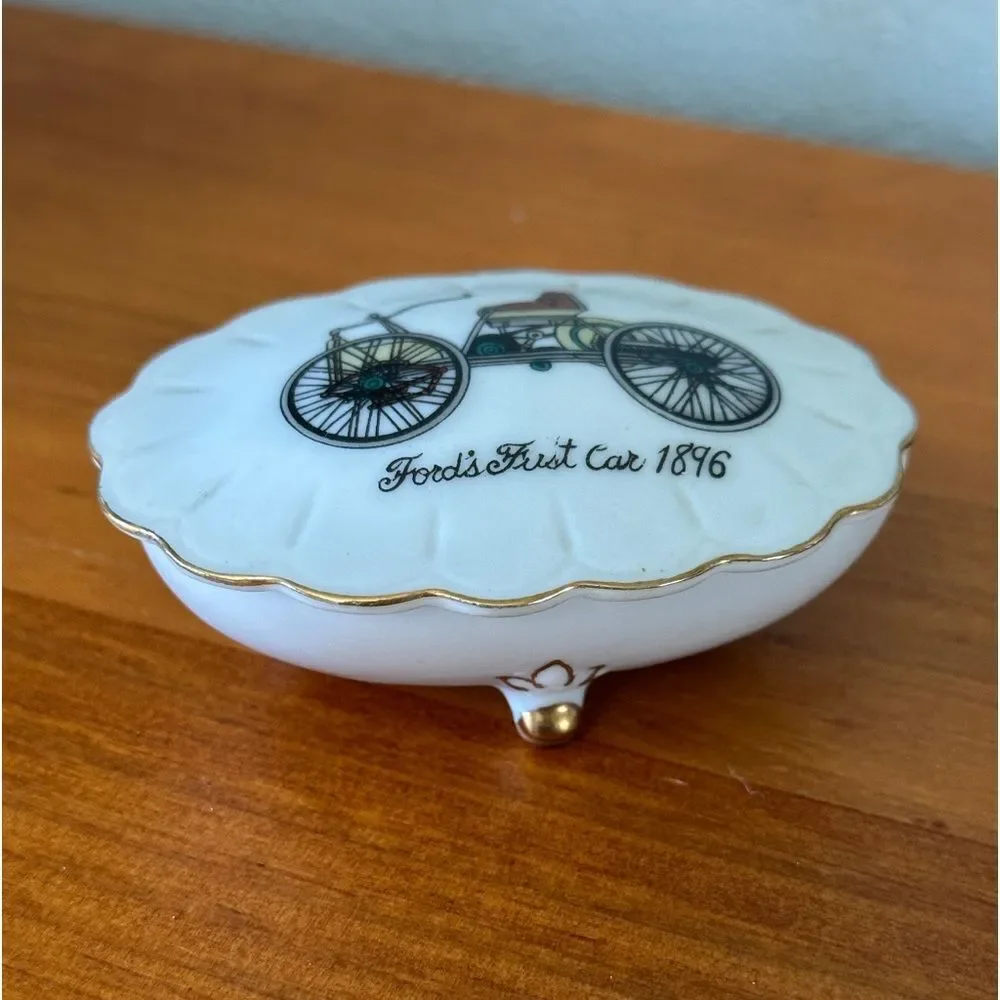 Ford's First Car 1896 Vintage Porcelain Trinket Box with lid Gold trim 70’s